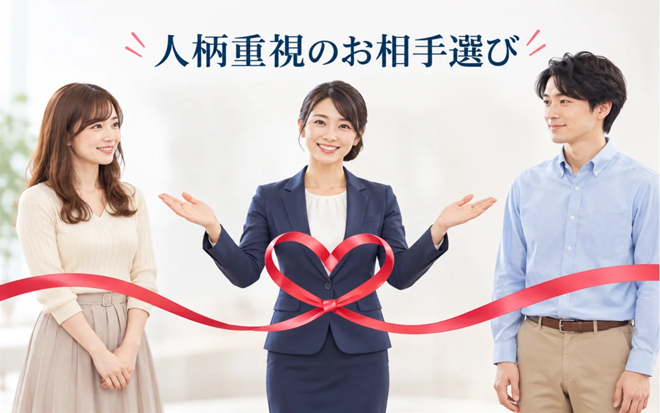 リボンのハートを手に、会員のお二人を笑顔で引き合わせる女性カウンセラー